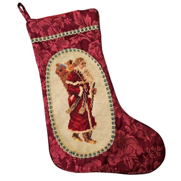 Unbranded Other - Vintage Hand Embroider Christmas Stocking Wool St Nicholas Needlepoint on Cotton